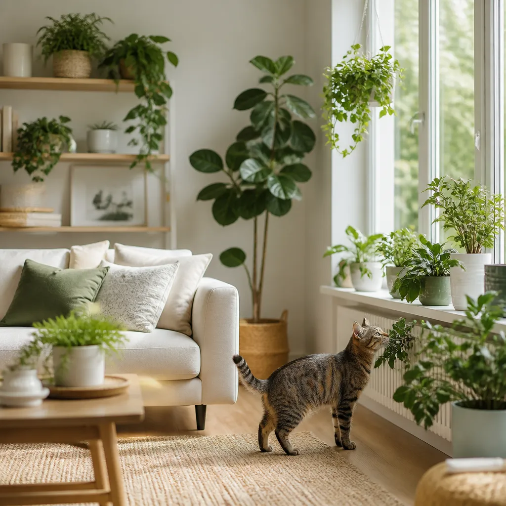 Ungiftige Pflanzen für Katzen: Neugierige Katze zwischen katzensicheren Zimmerpflanzen in hellem Wohnzimmer