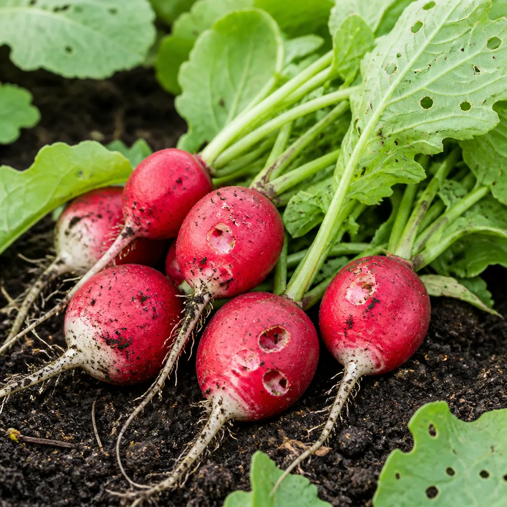 Radieschen angefressen mit Fraßspuren auf Knolle und Blättern im Gartenbeet, natürliches Tageslicht