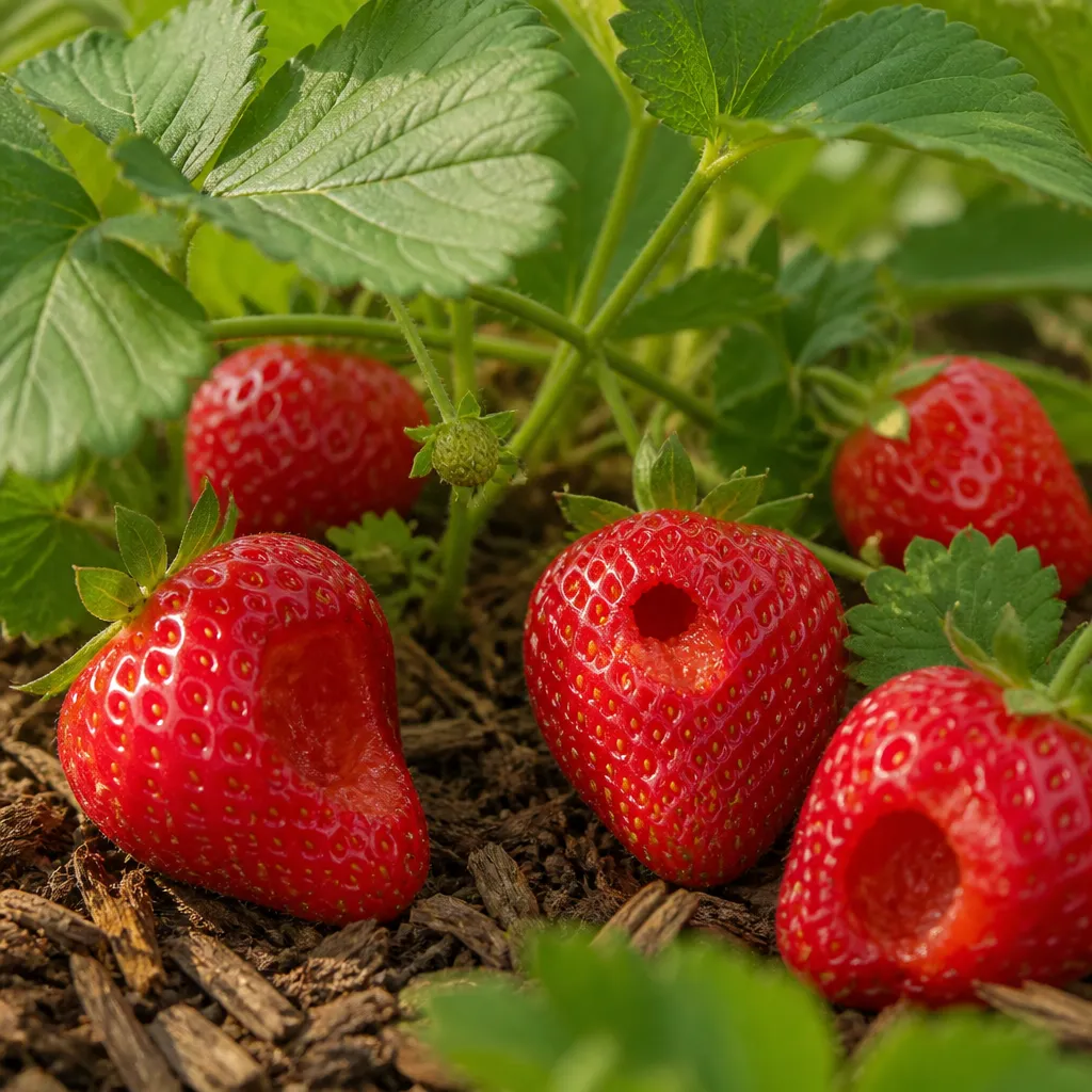 Erdbeeren angefressen im Beet – Fraßschäden an reifen Früchten mit Löchern im Morgenlicht