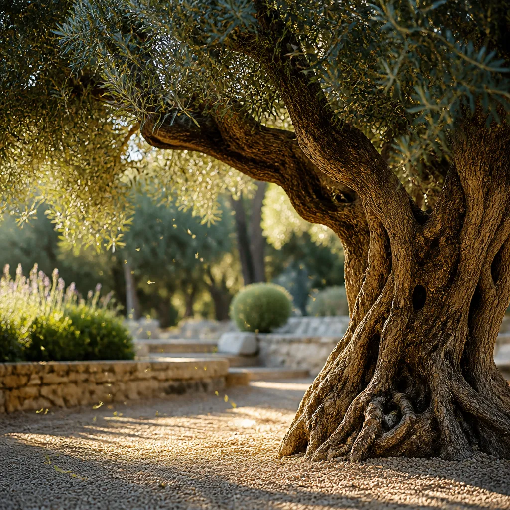 Olivenbaum verliert Blätter im mediterranen Garten – fallende Blätter im warmen Nachmittagslicht