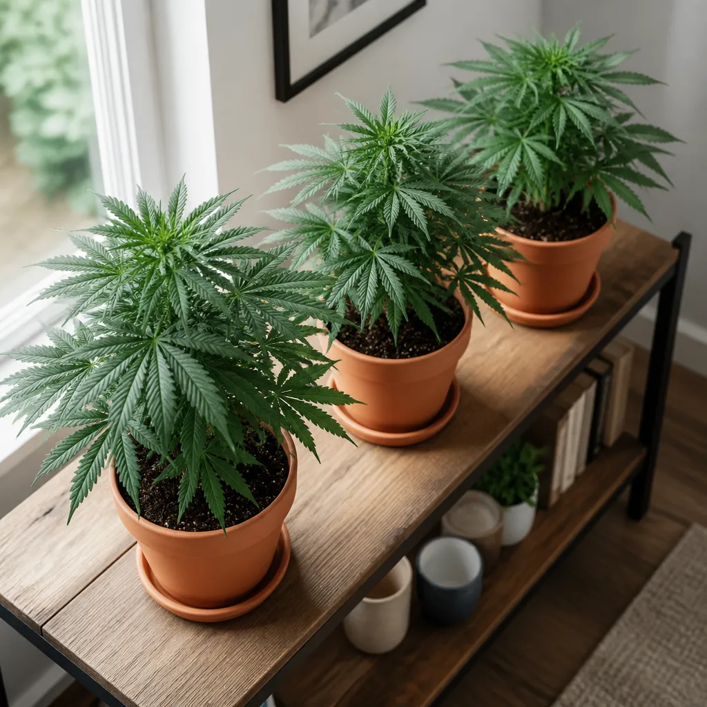 3 Pflanzen pro Person oder Haushalt – Cannabis-Pflanzen in Töpfen auf einem Holzregal im Innenbereich