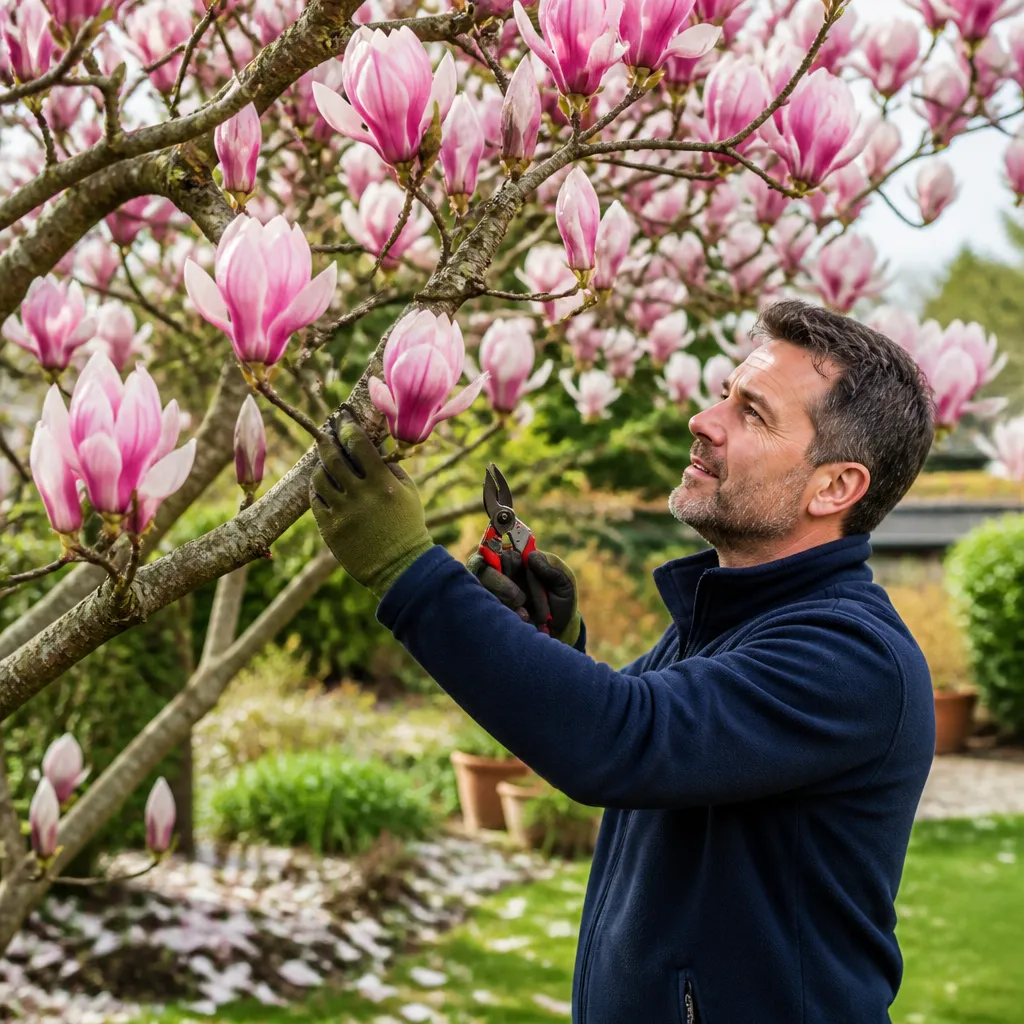 Magnolie mit dicken Aesten wird mit einer Gartenschere radikal zurueckgeschnitten