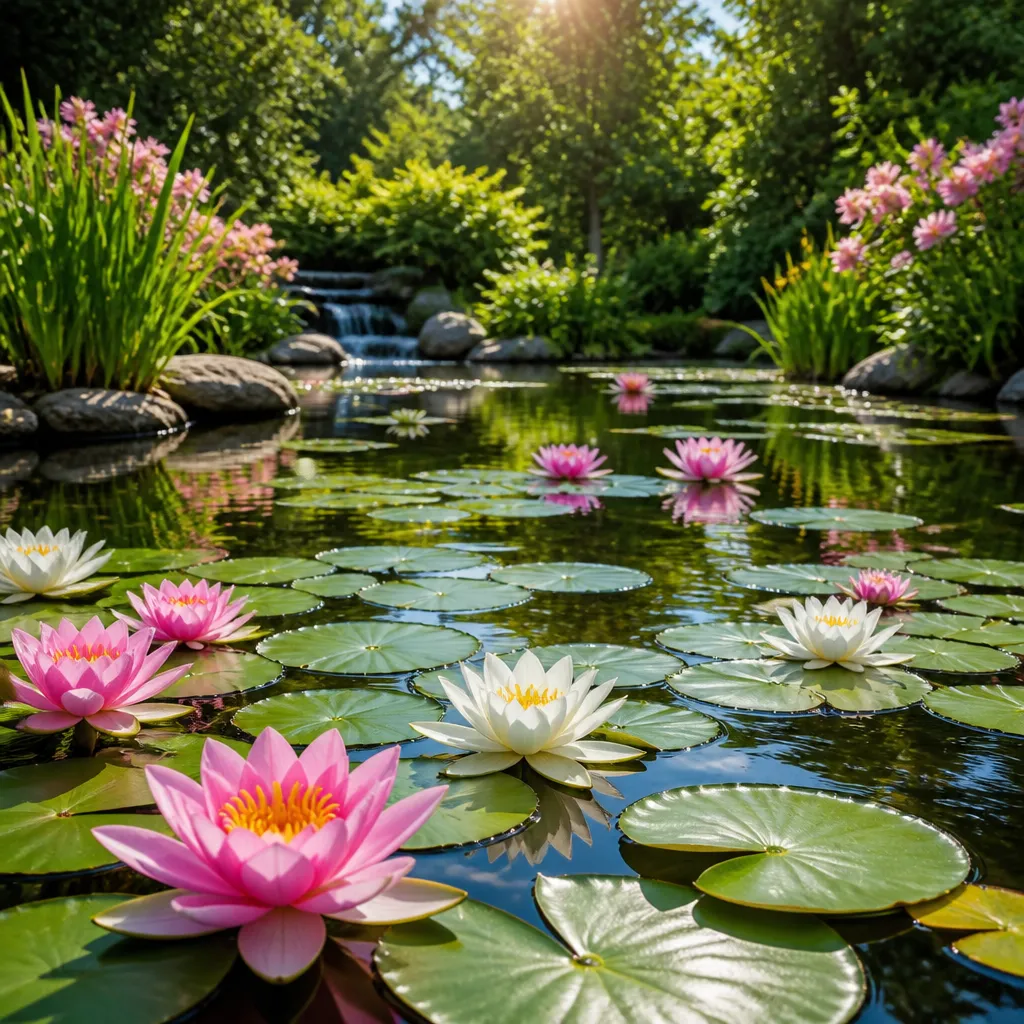 Blühende Seerosen in Rosa und Weiß auf einem sonnigen Gartenteich im Sommer