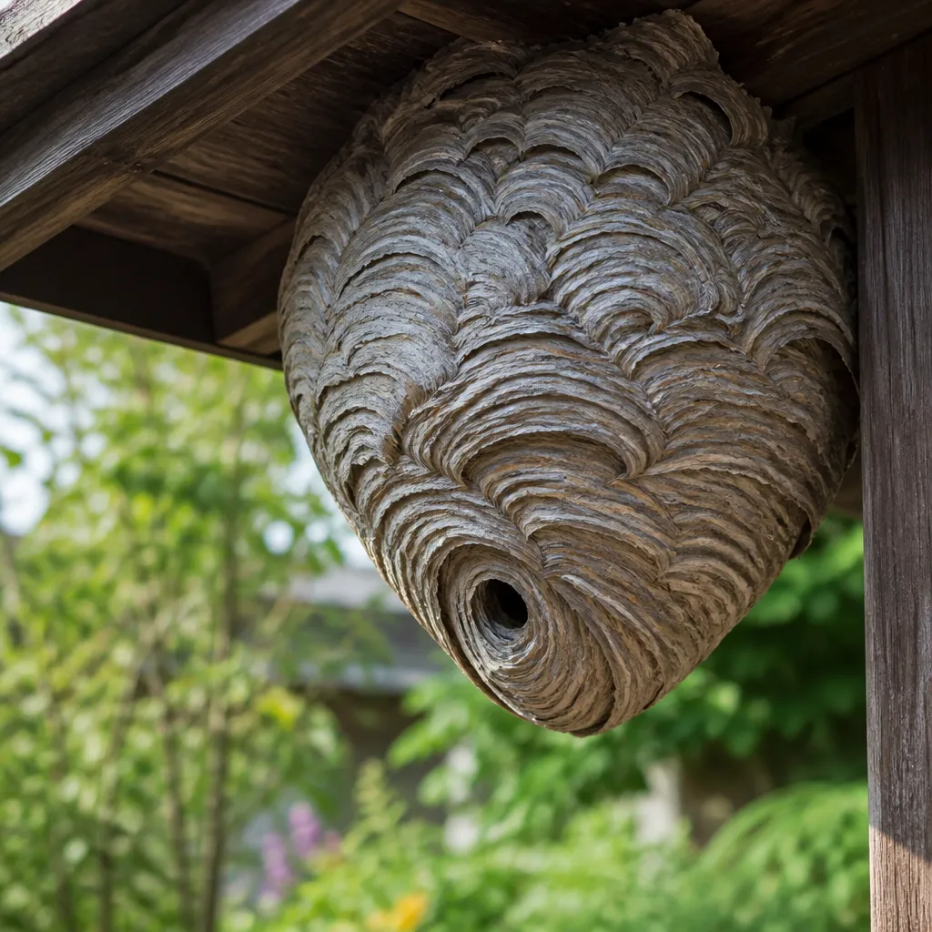 Hornissennest unter einem Dachvorsprung im Garten, geschützt nach Naturschutzrecht
